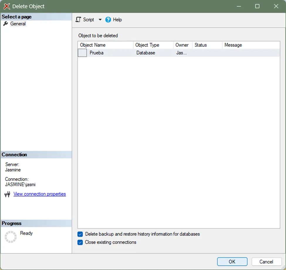 Confirmar eliminación de base de datos